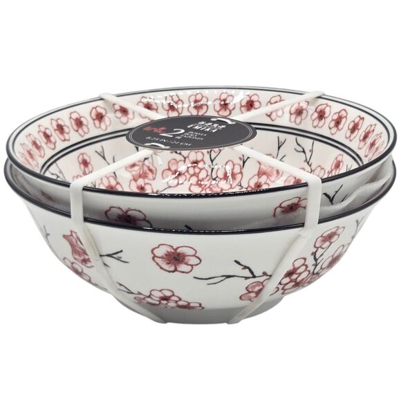 Emika Floral 8.25in Asian Ceramic Ramen Noodle Bowl Set Of 2pc White Dusty Rose - Picture 3 of 13
